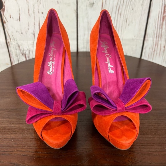 JEFFREY CAMPBELL GARRET orange combo Women's Bow Accent peep toe high heels 7.5 - Picture 16 of 16